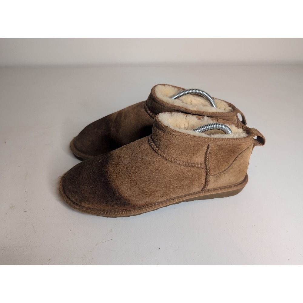 UGG Classic Ultra Mini Brown Suede Sheepskin Lined Fur Trim Ankle Bootie 8